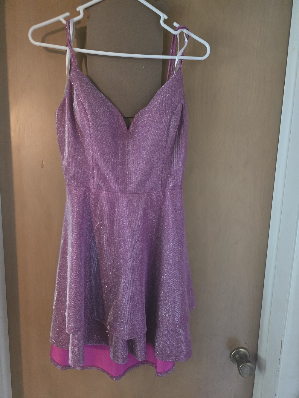 B. Smart Sparkle Pink Layered Party Dress with V-Neck Straps